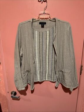 Tahari Light Taupe Open-Front Cardigan with Striped Back